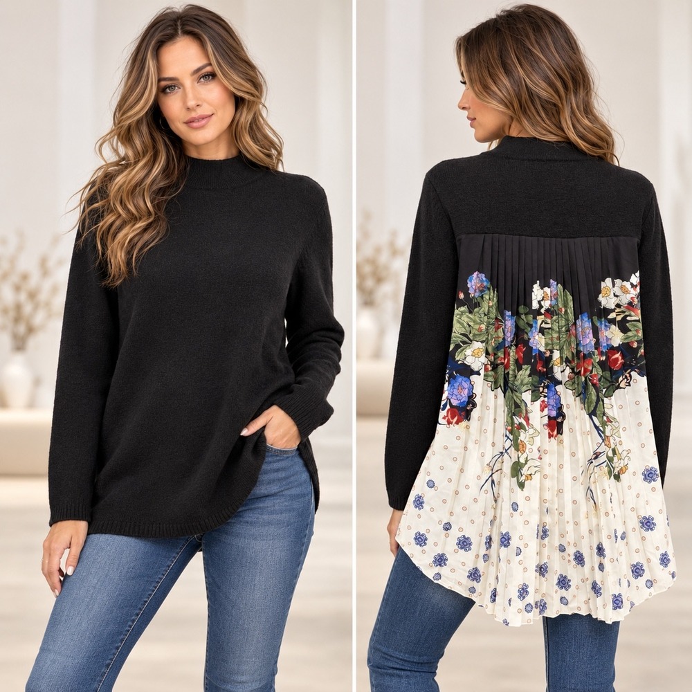 Chico's Mixed Media Floral Pleated Back Sweater Womens Size 0 Small Black